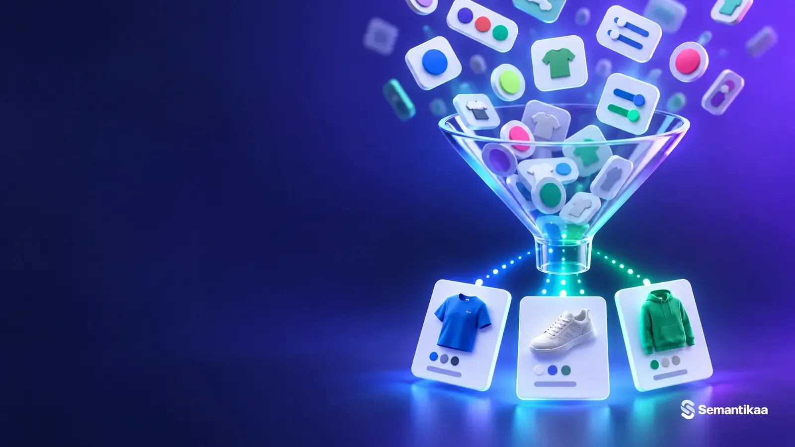 Entonnoir qui trie des centaines de filtres produits pour ne garder que quelques pages utiles