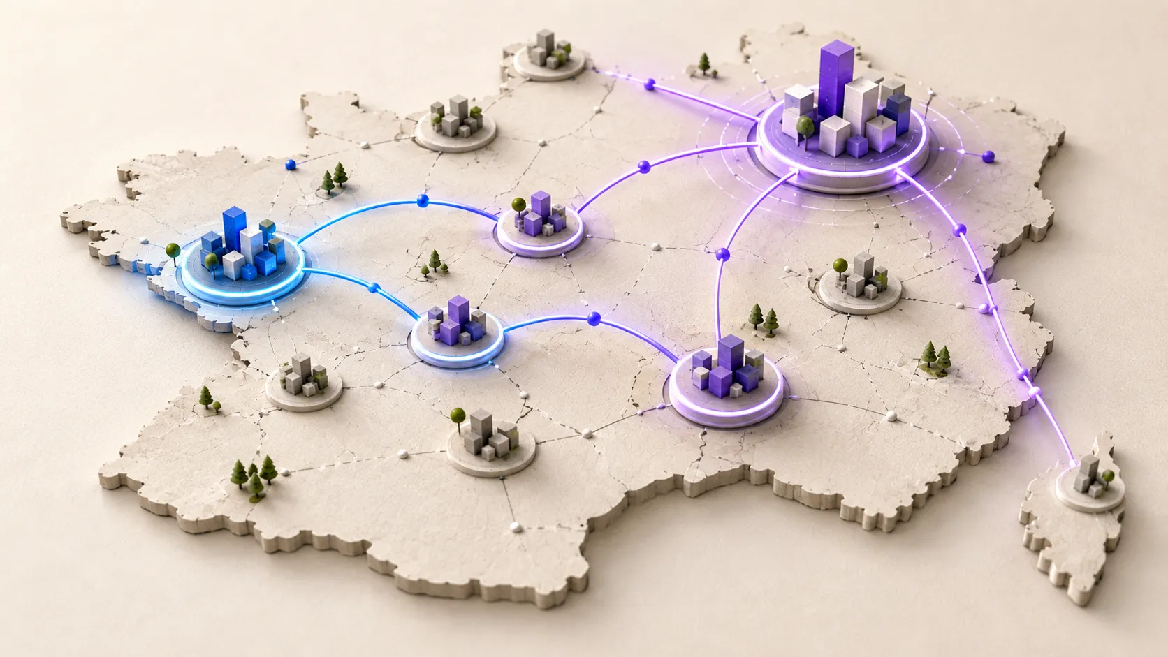 Réseau de villes reliées progressivement d’une zone locale vers le national