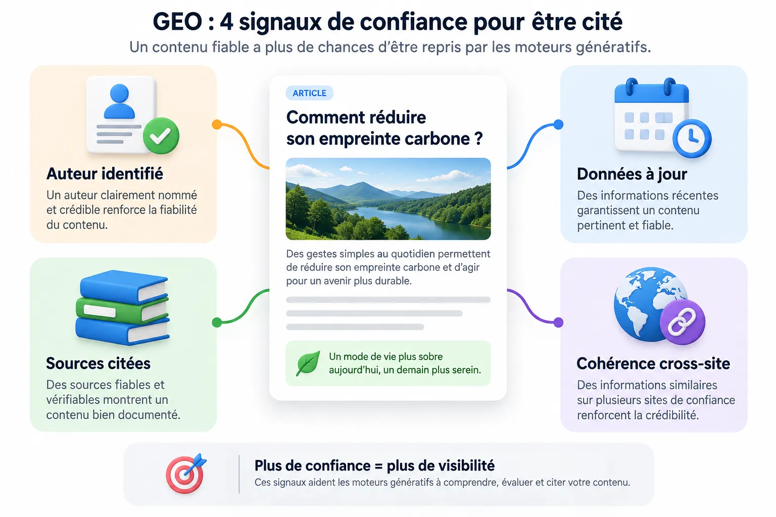 Les quatre signaux de confiance GEO autour d’un contenu central